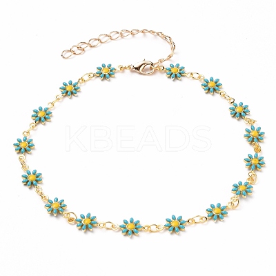 Golden Brass Flower Enamel Links Anklets AJEW-AN00333-02-1