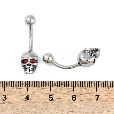 Skull 316 Surgical Stainless Steel Red Cubic Zirconia Belly Button Rings EJEW-G416-34AS-1