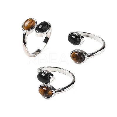 Natural Black Agate & Tiger Eye Finger Rings RJEW-A068-02P-03-1