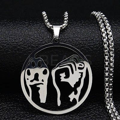 201 Stainless Steel Hollow Flat Round Animal Liberation Front Pendant Necklaces NJEW-H065-20P-1