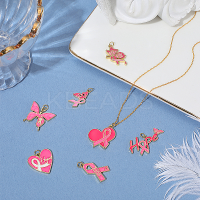7Pcs 7 Styles October Breast Cancer Pink Awareness Ribbon Brass Enamel Pendants KK-BBC0020-36-1