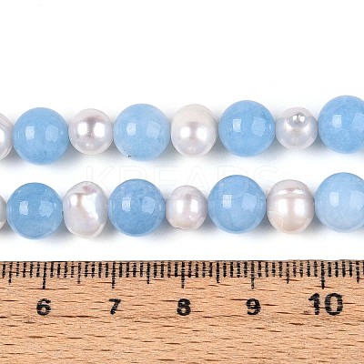 Dyed Natural White Jade Round & Natural Cultured Freshwater Pearl Grooved Potato Beads Strands PEAR-N019-01-1