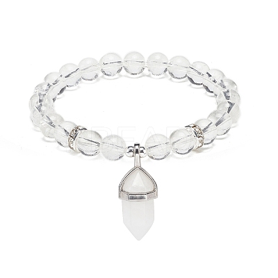 Natural Quartz Crystal Round Beaded Stretch Bracelet with Bullet Charms BJEW-JB09018-03-1