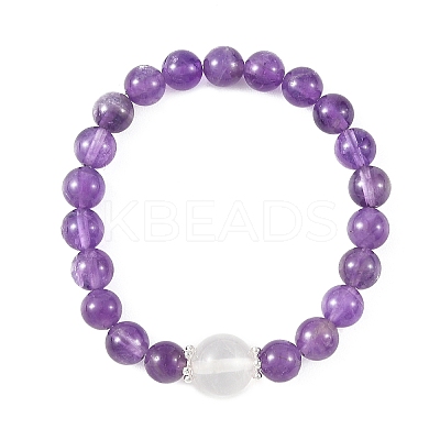 2Pcs 2 Styles Natural Amethyst & Quartz Crystal Round Beaded Stretch Bracelet Sets BJEW-TA00751-1