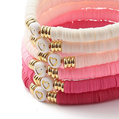 Handmade Polymer Clay Heishi Beads Stretch Bracelets Set with Heart Pattern Beads for Women BJEW-JB07449-1