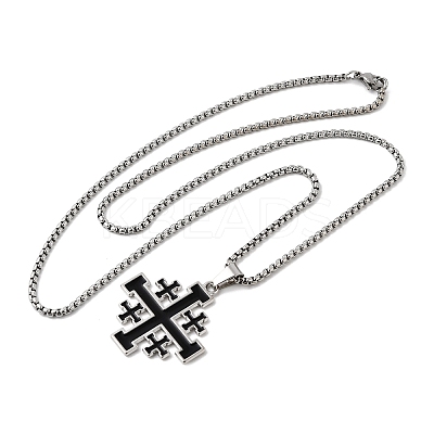 Jerusalem Cross Alloy Enamel Black Pendant 201 Stainless Steel Box Chain Necklaces NJEW-Z109-01P-1