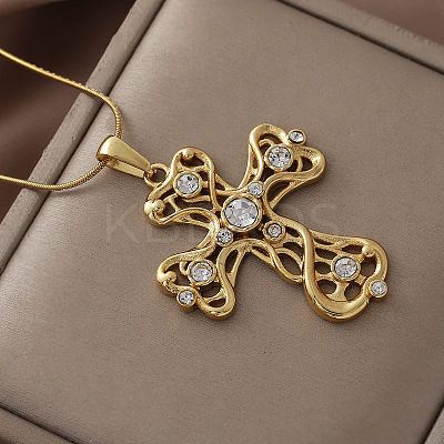 Vintage 304 Stainless Steel with Clear Glass Hollow Cross Pendant Necklaces for Women MR8108-1