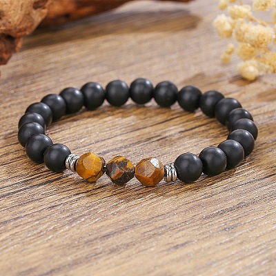 Bohemian Natural Black Onyx & Tiger Eye Beaded Stretch Bracelets ZX5026-2-1