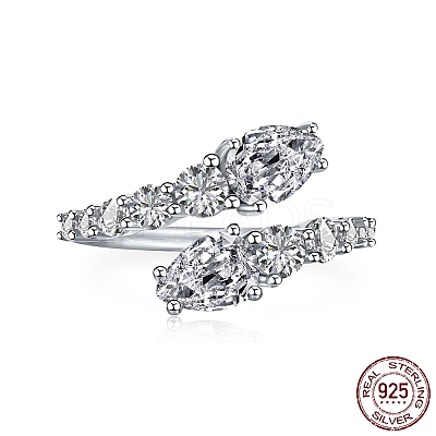 Rhodium Plated 925 Sterling Silver Snake Open Cuff Rings with Cubic Zirconia RJEW-F150-76P-1