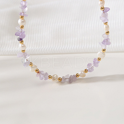 Natural Freshwater Pearl Nuggets and Amethyst Chip Beaded Necklaces for Women FS-WGFF989-01-1