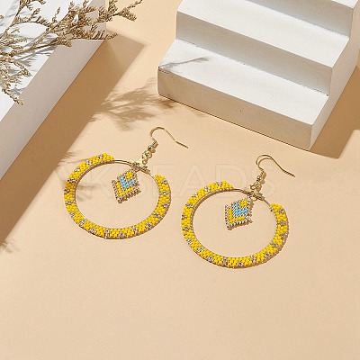 Glass Seed Braided Ring & Rhombus Dangle Earrings EJEW-MZ00050-1