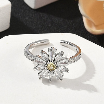 Flower Brass Micro Pave Cubic Zirconia Cuff Rings for Women RJEW-A069-01A-P-1