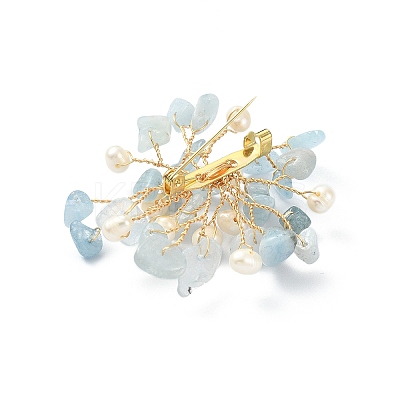 Natural Aquamarine Chips & Pearl Beaded Flower Brooch Pin JEWB-BR00098-04-1