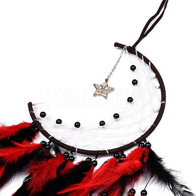 Moon Woven Net/Web with Feather Pendant Decoration HJEW-I013-05-1