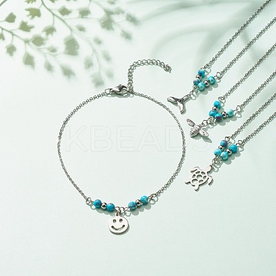 304 Stainless Steel Mixed Shape Charm Anklet with Round Natural White Jade Beads for Women AJEW-AN00498-1