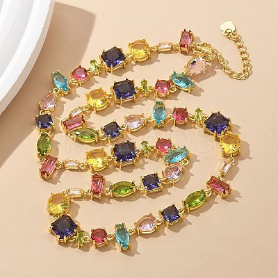 Brass Micro Pave Colorful Cubic Zirconia Link Chain Necklaces NJEW-M089-01G-1