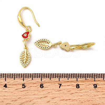 Leaf with Heart Brass Micro Pave Clear Cubic Zirconia Dangle Earrings EJEW-C155-01G-1