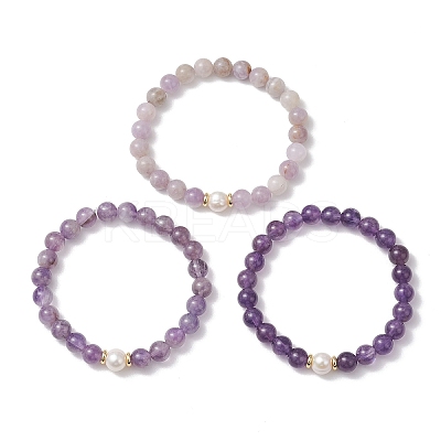 3Pcs Round Natural Lavender Amethyst & Amethyst & Pearl Beaded Stackable Stretch Bracelets Sets BJEW-JB12994-1
