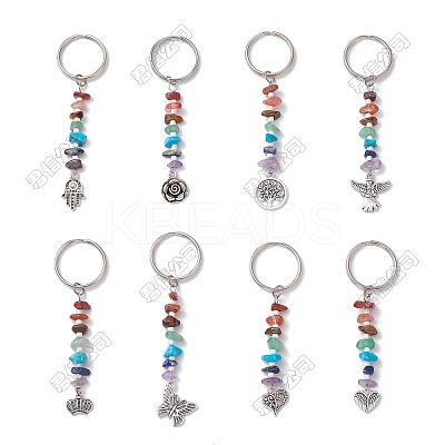 32Pcs 8 Styles Chakra Gemstone Chip Beaded Alloy Pendant Keychains KEYC-FH00075-1