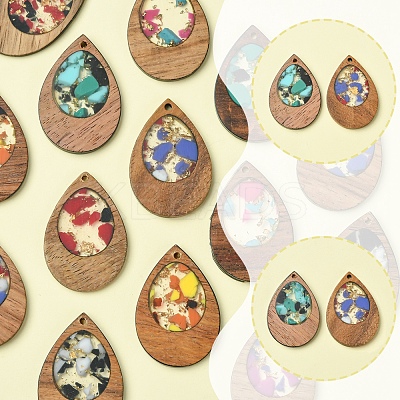 14Pcs 7 Colors Walnut Wood Resin Pendants WOOD-FS0001-31-1