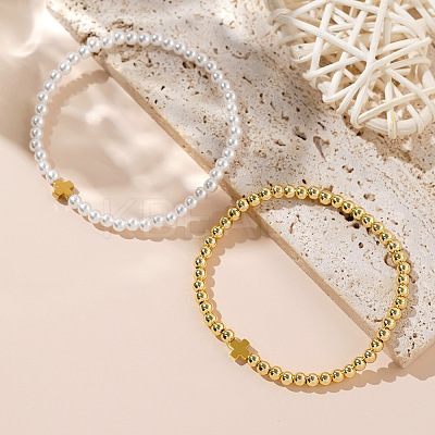 2Pcs Minimalist Imitation Pearl & Brass Cross Beaded Stretch Bracelet Sets QX2906-1-1