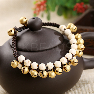 Bohemian Style Synthetic Turquoise Round Beaded & Brass Bell Charm & Wax Cord Braided Bead Bracelets FS-WGC2A27-01-1