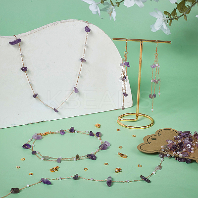 DIY Handmade Brass & Natural Amethyst Chips Beaded Chains Necklaces/Bracelets Making Kits DIY-FG0006-70A-1