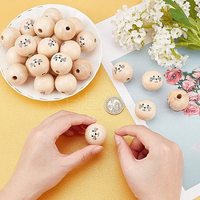 30Pcs Printed Natural Wood European Beads WOOD-FH0001-92-1