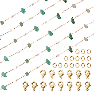 3m Natural Green Aventurine Chips & ABS Plastic Imitation Pearl Beaded Chains Necklace Making Kits CHC-TA0001-30A-1