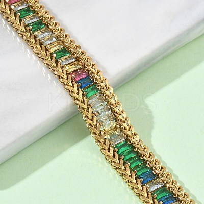 304 Stainless Steel & Glass Wheat Chain Double Layers Bracelets for Women BJEW-F540-08G-04-1