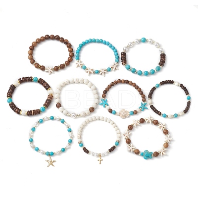 10Pcs 10 Styles Synthetic Turquoise & Coconut & Wood Beaded Stretch Bracelet Sets BJEW-JB10719-1