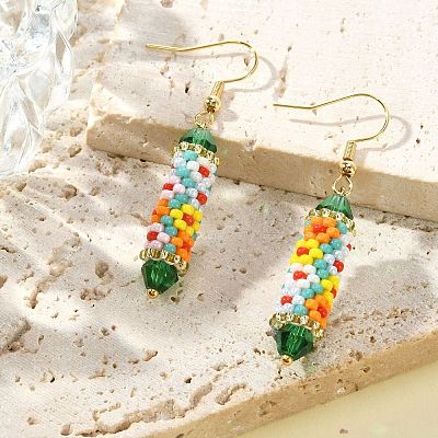 Glass Seed Braided Column Dangle Earrings EJEW-MZ00060-03-1
