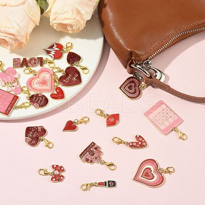 12Pcs 12 Styles Valentine's Day Heart Alloy Enamel Pendant Decorations HJEW-FS00078-01-1