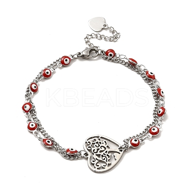 Red Enamel Evil Eye & 304 Stainless Steel Curb Chains Double Layer Multi-strand Bracelet with Charm for Women BJEW-C025-09P-1