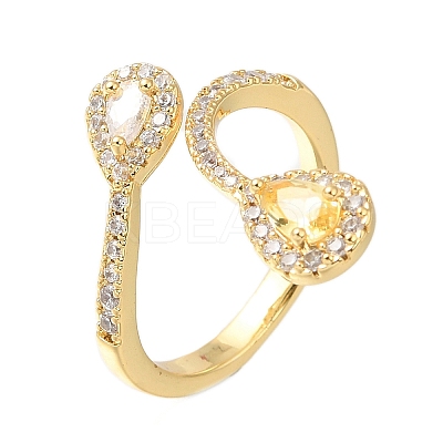 Teardrop Rack Plating Brass Micro Pave Cubic Zirconia Open Cuff Rings for Women RJEW-M022-34G-1