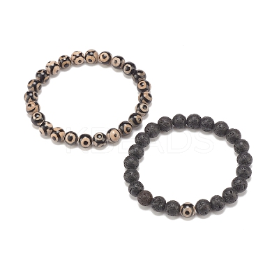 2Pcs 2 Style Natural Tibetan 3-Eye dZi Agate & Lava Rock Mala Bead Bracelets Set BJEW-JB07889-1