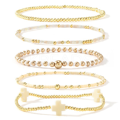 5Pcs 5 Styles Brass & Resin Beads Stretch Bracelets FP8271-4-1