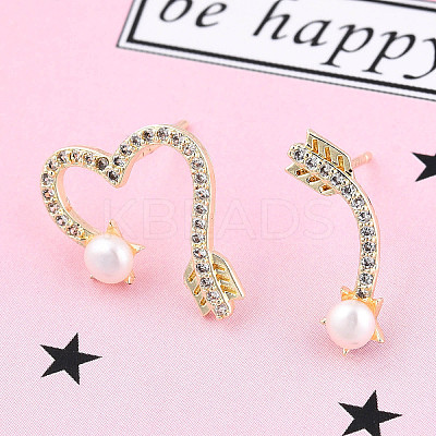 Clear Cubic Zirconia Arrow & Heart Asymmetrical Earrings with Natural Pearl Beaded EJEW-T019-06G-1