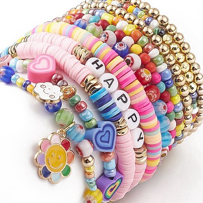11Pcs 10 Style Synthetic Turquoise(Dyed) & Hematite & Millefiori Glass Stretch Bracelets Set with Word Happy Beaded BJEW-JB08832-1