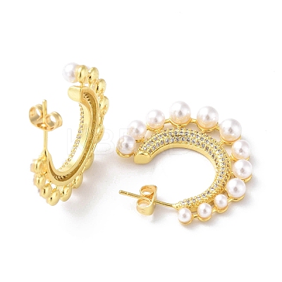 Clear Cubic Zirconia C-shape Stud Earrings with ABS Plastic Pearl Beaded EJEW-G333-15G-1