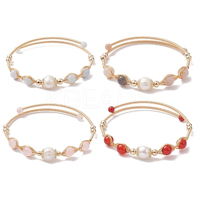Natural Mixed Stone Round Beaded Cuff Bangle BJEW-JB10113-1