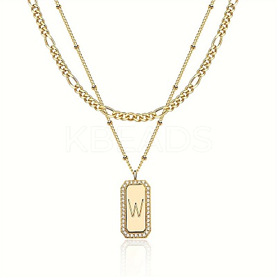 Brass Micro Pave Clear Cubic Zirconia Rectangle with Initial Pendant Double Layer Necklaces for Women FS-WG478B5-23-1