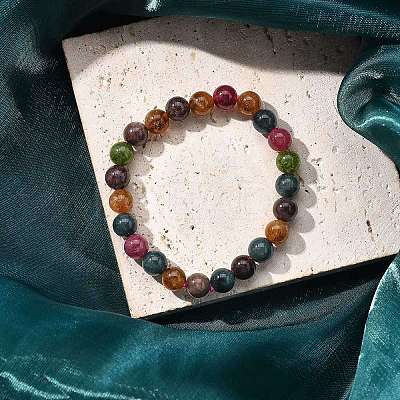 Natural Dyed & Heated Chalcedony Imitation Tourmaline Beaded Stretch Bracelets for Women Men BJEW-F483-03-1-1