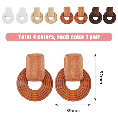 4 Pairs 4 Color Wood Donut Dangle Stud Earring with 316 Stainless Steel Pins for Women EJEW-FI0002-46-1