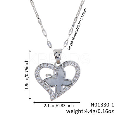Elegant Brass Clear Cubic Zirconia Hollow Design Butterfly Heart Pendant Necklaces for Women XC3583-1