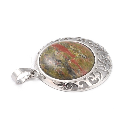 Natural Unakite Pendants with Hollow Platinum Brass Findings G-P448-A09-P-1