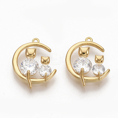 Brass Clear Cubic Zirconia Kitten Pendants X-ZIRC-Q021-013G-NF-1