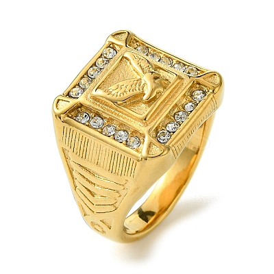 Ion Plating(IP) Square with Bird 304 Stainless Steel Rhinestone Signet Rings RJEW-Q815-04G-M-1