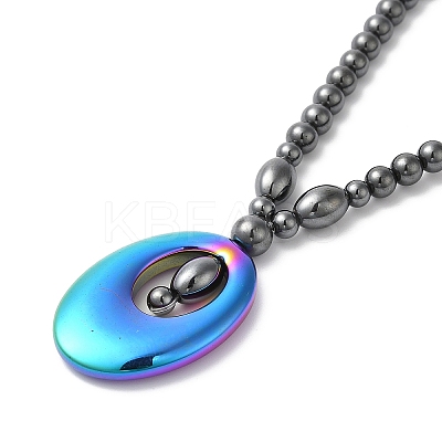 Synthetic Non-magnetic Hematite Oval Pendant Necklace with Round Beaded Chains NJEW-R259-02-1