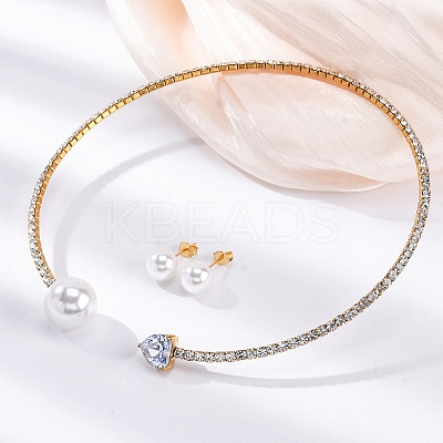 Round Plastic Imitation Pearl Stud Earrings & Heart Cubic Zirconia Rhinestone Cuff Choker Necklaces Sets SJEW-U003-10G-1
